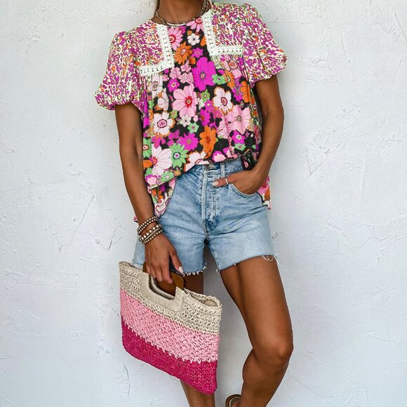 🌹 Rose Red Bubble Sleeve Lace Trim Floral Mixed Print Blouse - Picture 3 of 14